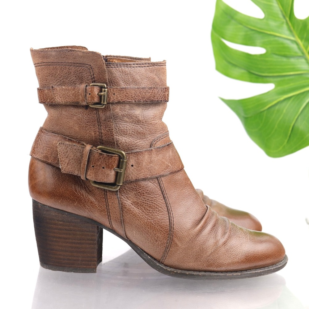Naya Womens‎ Virtue Boos Size 8.5 Brown Leather Block Heel Buckles Boho Booties